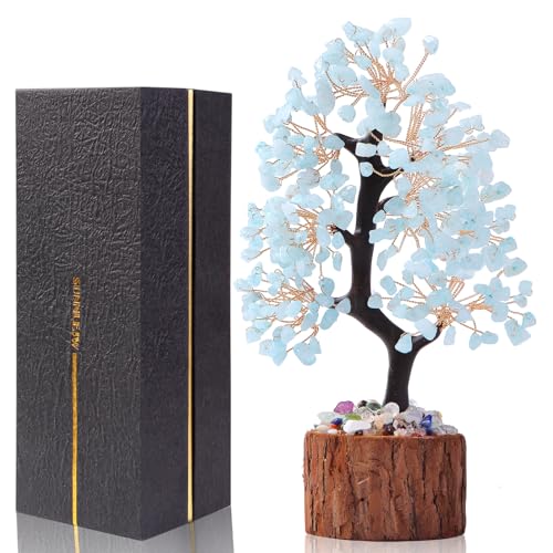 Aquamarine Chakra Crystal Tree of Life,Birthday Gifts for Women, Healing Crystal and Stones for Positive Energy,Gifts for Sister and Mom,House Warming Gift,Money Feng Shui Tree Decoration - color: Blue