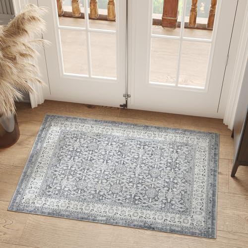 jinchan Floral 2x3 Rugs for Entryway - Machine Washable Grey Vintage Distressed Boho Design Soft Faux Wool Small Non-Slip Doormat for Entrance Kitchen Living Room Bedroom Farmhouse (2‘x3', Grey) - color: Multi Grey, size: 2' x 3' (Buttery Soft)
