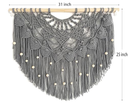 Youngeast Large Macrame Wall Hanging Boho Beaded Curtain for Window Macrame Bedroom Headboard Living Room Wall Art Tassel Tapestry Bohemian Woven Wall Decor 31" W X 25" H (Grey) - color: Grey