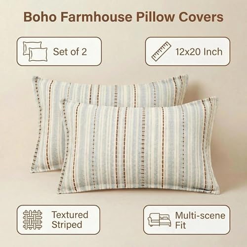 Mantle & Mason Boho Farmhouse Lumbar Pillow Covers 12x20 Set of 2, French Vintage Blush Pink Couch Pillow Covers, Jacquard Decorative Lumbar Pillow Cases for Living Room Decor - color: Stripe Blue, size: 20" x 12" (Pack of 2)