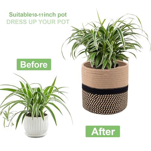 Woven Cotton Rope Plant Basket for 11" Flower Pot Floor Indoor Planters,Storage Organizer Basket Rustic Home Decor (11" x 11",Black and Brown Stripes) - color: Black Stripes, size: W 11"x H 11"