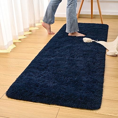 DweIke Fluffy Navy Blue Runner Rugs for Bedroom, 2x6 Feet Soft Plush Long Runners for Girls Boys Kids, Non-Slip and Machine Washable Bedside Rug, Small Throw Carpet for Hallway Rooms Decor - color: Navy Blue, size: 2 Ft X 6 Ft