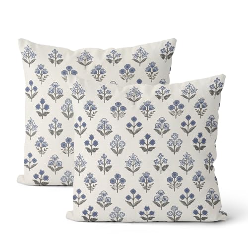Blue Grey Pillow Covers 16x16 Inch 2 Pcs Gray Block Print Vintage Floral Decor Throw Pillows Boho Flower Spring Summer Outdoor Seasonal Decoration Pillowcase Linen Cushion Cover for Couch Sofa - color: Blue Grey Block Print Floral, size: 16" x 16" (Pack o