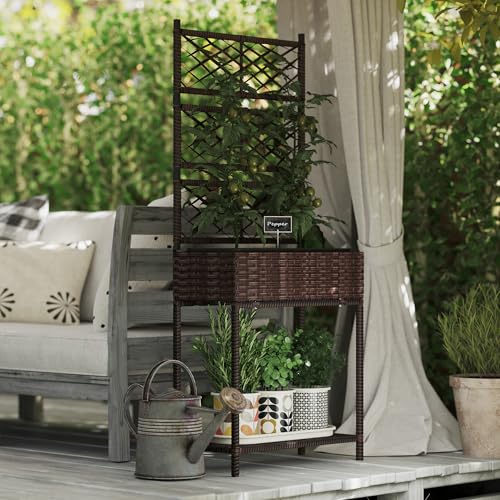 Outsunny Raised Garden Bed with Trellis, Outdoor Wicker Planter, Freestanding Rattan Planter Stand with Storage Shelf for Climbing Plants, Flowers, Herbs, Vegetables, Brown - color: Brown