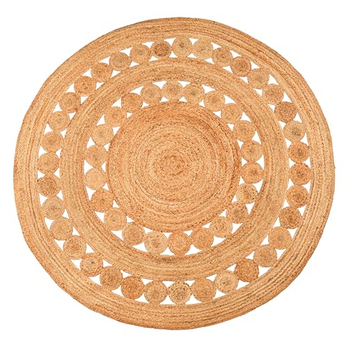 Hand Woven Jute Area Rug - 8' Round - Rustic Beige Reversible Farmhouse Rugs for Bedroom, Kitchen, Living Room - Vintage Natural Braided Entry Floor Décor Circle Boho Round Rugs 8ft - color: Natural, size: 8' (Round)