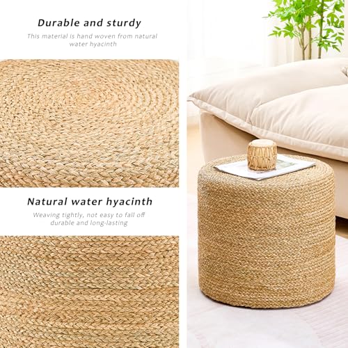 Handwoven Ottoman Pouf, Natural Seagrass Footstool, Round Braided Outdoor Seat with Sturdy Frame, Boho Accent Stool for Patio, Balcony, or Garden (Seagrass) - color: Seagrass, size: 17.7"D x 17.7"W x 15.7"H