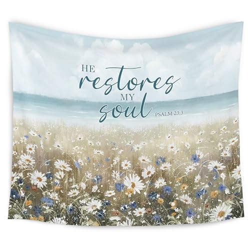 WARDOS Coastal Christian Tapestry, He Restores My Soul Bible Verse Tapestry Wall Hanging, Daisy Flower Field Religious Scripture Wall Blanket Decor for Home Beach Bedroom Cabin, 50x60 Inch - color: flower seven
