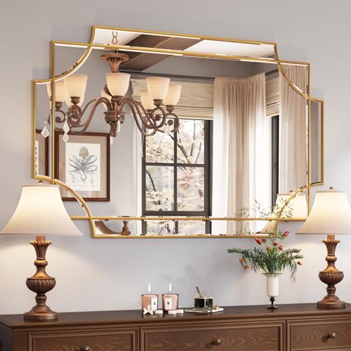 Kelly Miller 32"x48" Large Gold Mirror for Wall, Modern Decorative Mirror Rectangle Wall Vanity Mirror Bevelled Full Length for Bathroom Living Room Bedroom Farmhouse Fireplace Entryway - size: 48"L x 32"W