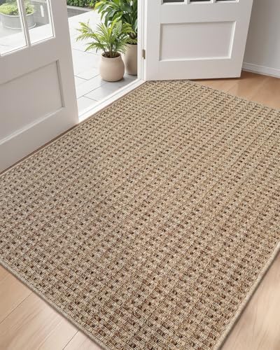DEXI Dirt Trapper Door Mat, 31x48 Washable Doormat, Dirt Resistant and Absorbent, Easy Clean Low-Profile Floor Rugs for Entryway, Front Door, and Inside Entrance, Checkered Beige - color: Checkered Beige, size: 2'7" X 4' (Rectangular)