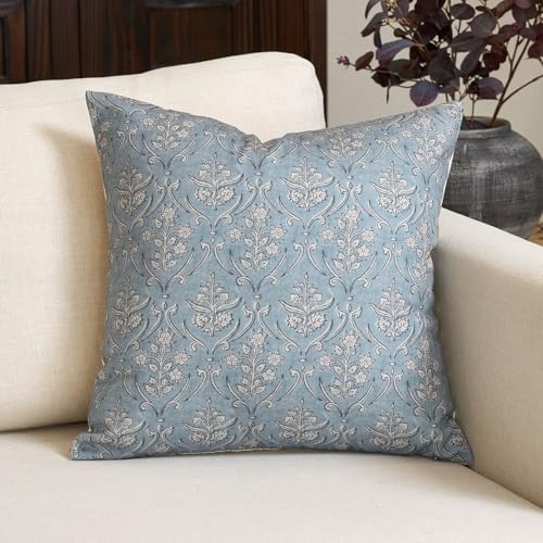 Amor Virisso Floral Pillow Covers 20x20 Inch Farmhouse Block Print Pillow Cover Accent Square Neutral Modern Decorative Throw Pillow Covers for Living Room Couch Bed Sofa Chair, Light Blue - color: Light Blue, size: 20" x 20" (Pack of 1)