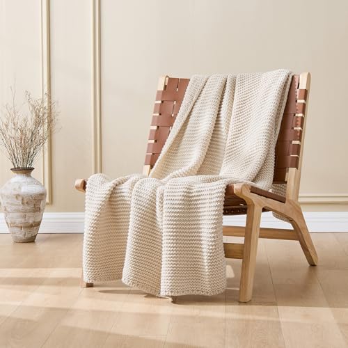 Beige Throw Blanket for Couch, Rustic Knit Throw Blanket, Soft Cozy Stretchy Reversible Garter Knitted Blankets for Bed, 60"x80", Ivory Beige - color: Beige, size: 60"x80"