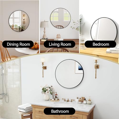 SCWF-GZ 24" Round Mirror Circle Wall Mounted Hanging or Against Wall Aluminum Alloy Metal Frame Dressing Make-up Mirrors for Entryway Bedroom Bathroom Living Room 24 inch Black - color: Black, size: 24"L x 24"W
