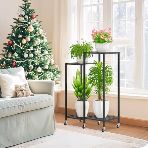 iDavosic.ly 4 Tier Plant Stand Indoor with Wheels, Metal Tiered Corner Flower Holder Shelf Outdoor for Large Pots, Tall Rolling Rack for Patio Porch Garden Balcony Living Room, Modern Black - color: Black, size: 4 Tiers