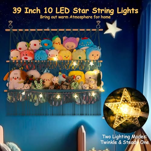 2 Tier Stuffed Animal Storage Shelf Net, 35x30'' Large Plushie Net w/ 2.4/1'' Dense Mesh for Mini Medium Stuffy Teddy, Aqua Boho Macrame Plush Holder Display w/Lights&Clips for Nursery Decor - color: Aqua, size: Large-2 Tier-35x30 Inch