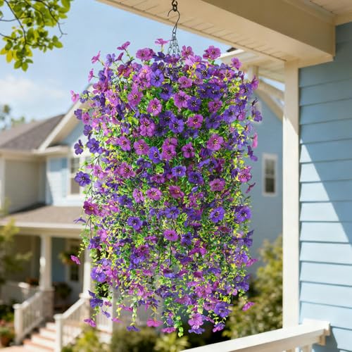 INQCMY Artificial Hanging Flower Baskets for Spring Outdoor Decoration Fake Plants UV Resistant Faux Silk Daisy with Eucalyptus Leaves Realistic Look for Home Porch Patio Yard - color: Deep Purple