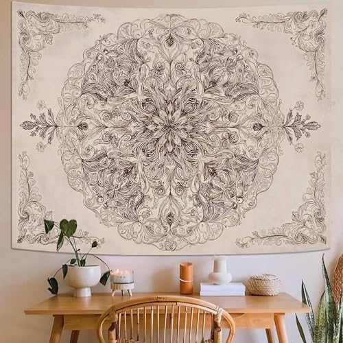 Wegklazax Vintage Floral Mandala Tapestry, Intricate Botanical Wall Art for Room Decor, Elegant Sketch Aesthetic Home Decor 90" L x 70" W - color: Ivory, size: 90"L x 70"W