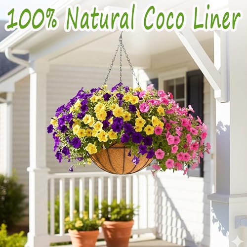 12 Inch Plant Hanging Baskets 2 Pack Round Metal Hanging Planter with Coco Coir Liner Chain for Plants Outdoor Plant Basket Porch Indoor Garden Decoration Flower Pots - color: Geometric