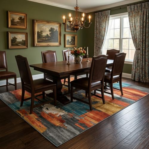 5x7 Area Rug for Living Room,Modern Abstract Burnt Orange Rug,Terracotta and Teal Brushstroke,Washable Rug,Non Slip, Bedroom, Dining Room, Home Office - color: Burn Orange, size: 5' x 7' (Rectangular)