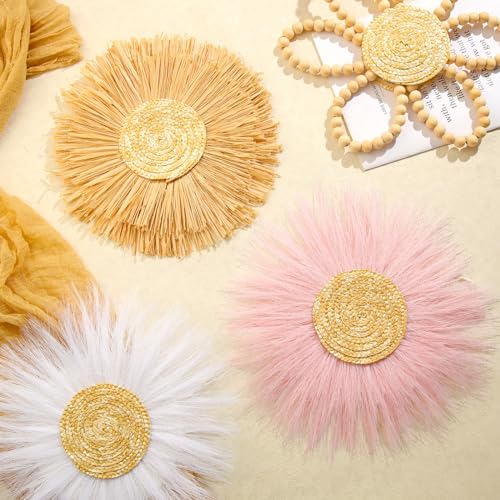Soaoo 6 Pcs Boho Nursery Decor for Girl Daisy Flower Woven Macrame Wall Hanging Bohemian Nursery Wall Decor Flowers for Baby Girls Kids Dorm(Pink, White, Beige)
