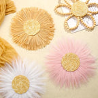 Soaoo 6 Pcs Boho Nursery Decor for Girl Daisy Flower Woven Macrame Wall Hanging Bohemian Nursery Wall Decor Flowers for Baby Girls Kids Dorm(Pink, White, Beige)