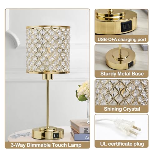 GyroVu Crystal Table Lamp for Bedroom, Touch Control Bedside Lamp with USB-C+A Ports, Dimmable Gold Bedside Lamp with Bulb, Nightstand Lamp Modern Light for Living Room - color: Gold, size: 17"