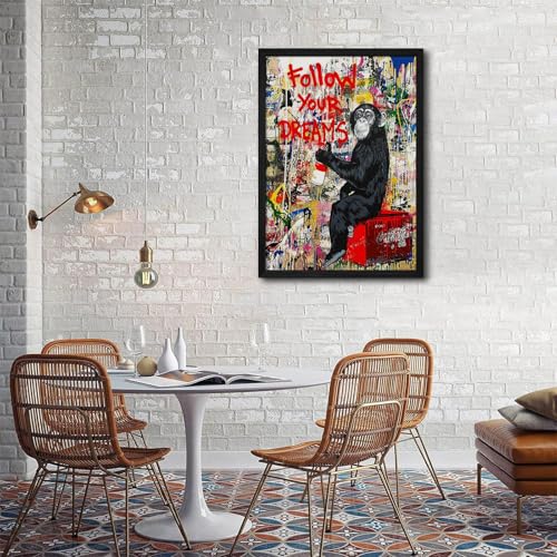 Banksy Canvas Wall Art Monkey Follow Your Dreams Street Graffiti Wall Art Banksy Prints Gorilla Poster Monkey Artwork Graffiti Pictures Painting for Home Living Room Decor 16x24 Inch Black Framed - color: Monkey Prints, size: 16x24 Inch Black Framed