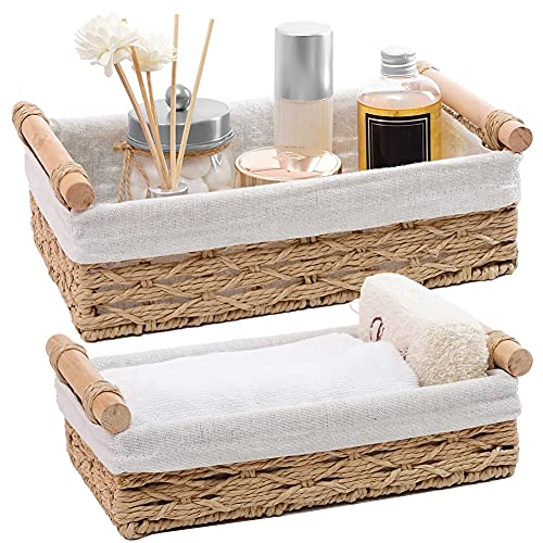 Round Paper Rope Storage Basket, Wicker Baskets for Organizing with Handle, Decorative Bins for Countertop, Toilet Paper Basket for Toilet Tank Top, Small Baskets Set (Set of 2,Beige) - color: Beige