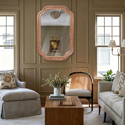 24x36 Inch Farmhouse Beaded Wall Mirror, Wood Scalloped Decorative Mirror, French Vintage Accent Mirror for Bathroom, Entryway & Glam Boho Decor - color: F - Beaded Scalloped - 24x36 in