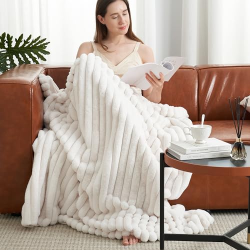 Amélie Home Faux Fur Throw Blanket for Couch, Cozy Fuzzy Fluffy Fur Luxurious Soft Striped Plush Gift Blankets for Family Sofa Chair Bedroom, 55"x70", Ivory - color: Striped Ivory, size: Throw(55"x70")