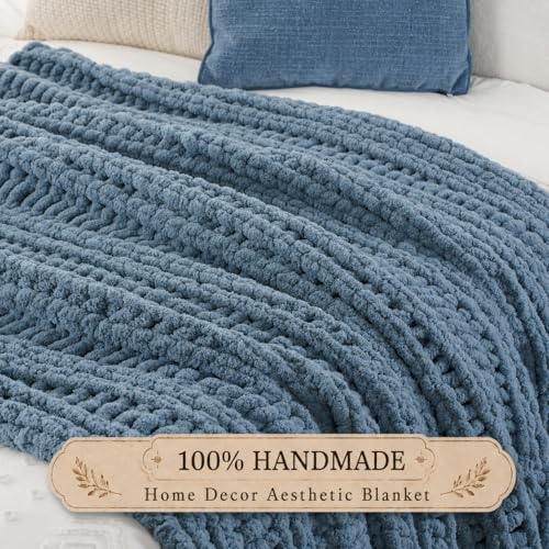 Battilo Chunky Knit Throw Blanket for Couch, Hand Made Chenille Throw Blanket, Super Soft Warm Cozy Dusty Blue Blanket for Bed, Sofa, Living Room, 50"x60" - color: Dusty Blue