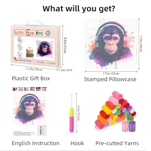 DIY Latch Hook Pillow Kits Watercolor Monkey Printed Pillowcase Crochet Yarns Hooking Handmade Pillow Cover Cushion for Home Sofa Decoration 17x17inch-1 - color: 07-Monkey
