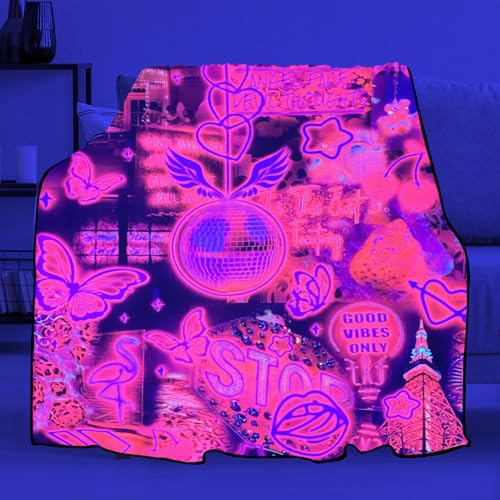 Blacklight Pink Collage Throw Blankets UV Reactive Aesthetic Throw Blanket Glow in the Dark Under Black Lights Game Room Decor Soft Throw Gifts 59x51 Inches - color: Bl Pink Collage