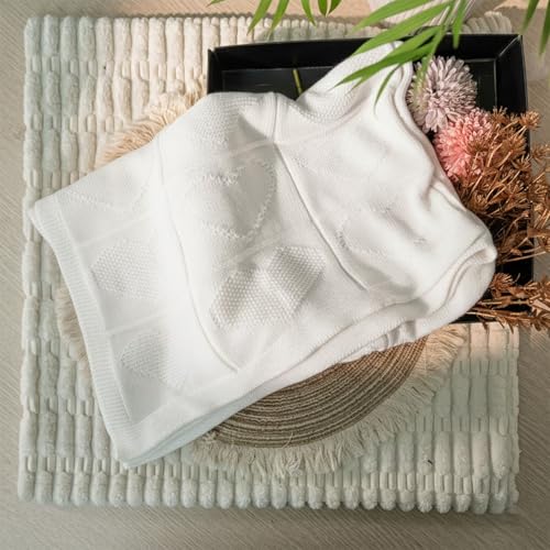 Baby Knit Cotton Blanket White Heart Pattern Soft Breathable Throw for Crib Or Stroller Nursery Gift Baby Shower Birthday Christmas Size 30x30 - color: White, size: 30"x30"