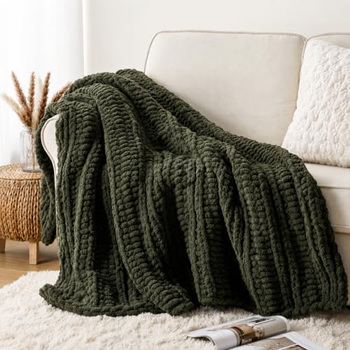 Battilo Chunky Knit Throw Blanket for Couch, Hand Made Chenille Throw Blanket, Super Soft Warm Cozy Olive Green Blanket for Bed, Sofa, Living Room, 50"x60" - color: Olive Green