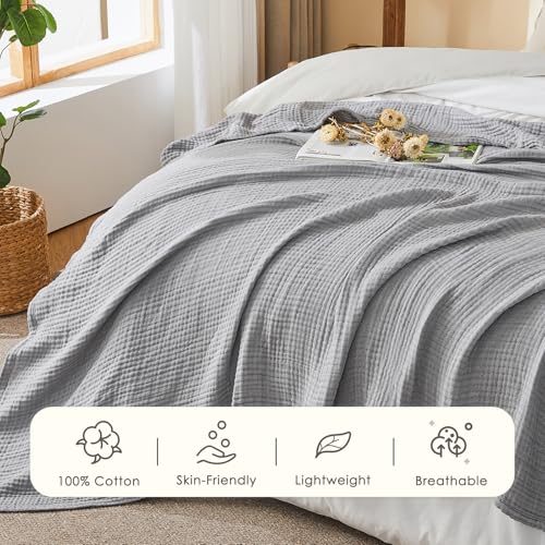 EMME Cotton Muslin Large Throw Blanket Couch Breathable Gauze Soft Lightweight Bed Blankets Adults (Heather Grey, 50"x70") - color: 04 - Grey, size: Large Throw (50" X 70")