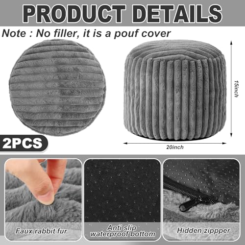 Teenyyou 2 Pcs 20 x 15 Inch Unstuffed Pouf Cover Ottoman Foot Rest - No Filler, Faux Rabbit Fur Foot Stool Floor Bean Bag Floor Chair Storage for Living Room Bedroom Home Decor(Gray) - color: Grey, size: 20 x 15 In