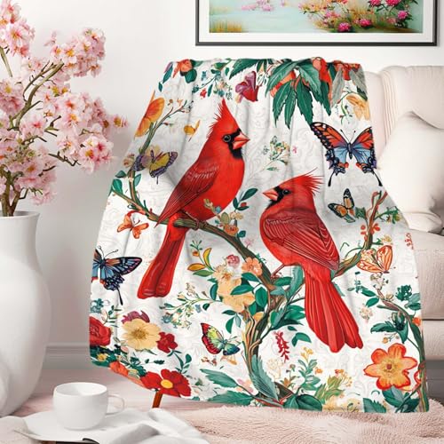 Cardinal Throw Blanket 40x50 Inches | Red Bird Floral Butterfly Fleece Blanket for Couch Sofa Bed | Botanical Farmhouse Decorative Throw Cozy Gift for Women Mom - color: Red Bird