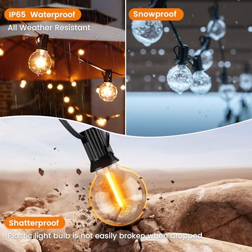 OHLUX Outdoor String Lights, 27FT LED Patio Lights with 13 Dimmable Plastic G40 Globe Bulbs(1 Spare), 2200K Waterproof Connectable Hanging Lights for Backyard Porch Cafe Party Decor E12 Socket Base - size: 27FT