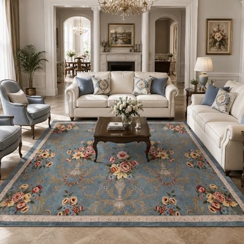 Helthep 5 * 7 Blue Floral Washable Rug, Vintage Area Rug with Non-Slip Backing, Soft Low Pile Floral for Living Room Bedroom Dining Room Home Office, Pet Friendly Easy Care Rug - color: Blue, size: 5' x 7' (Rectangular)