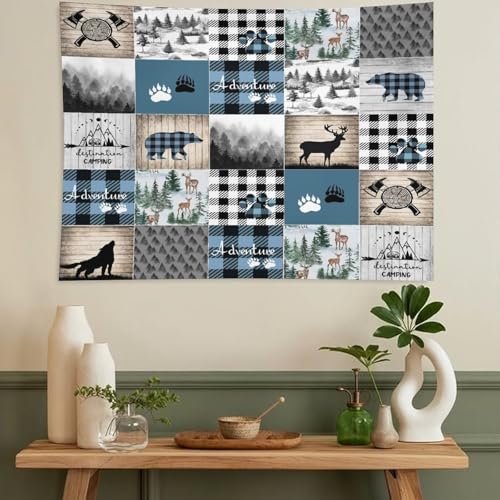 ZhiRain Deer Bear Tapestry Wall Hanging Wild Animals Wolf Hunting Adventure Geometric Plaids Pines Rustic Retro Tapestries Home Decor for Living Room Bedroom Farmhouse Apartment 30"x40" - color: Cabin-12, size: 30"L x 40"W