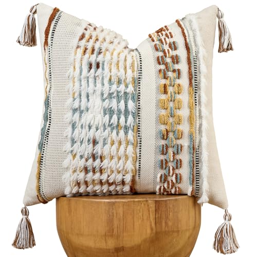 AmHoo Chenille Striped Tufted Textured Boho Throw Pillow Covers Aesthetic with Tassels Woven Decorative Pillow Case for Couch Bed Sofa Bedroom Modern Funky 18 x 18-Inch Brown White - color: Brown White, size: 18" x 18" (Pack of 1)