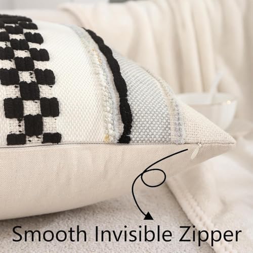 Boho Throw Pillow Covers 18x18 inch Set of 2 Black and Cream Pillow Covers Stripe Tufted Decorative Pillow Case Accent Chenille Pillowcase Farmhouse Patterned Cushion Case for Home Decor - color: Black Stripe, size: 18" x 18" (Pack of 2)