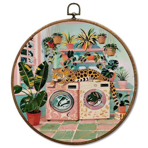 JUIOEIU Trendy Retro Leopard Laundry Room Round Wall Decor, Maximalist Laundry Framed Canvas Prints, Tropical Botanical Cheetah Animal Wall Art Hanging Decorations for Washroom Decor, 10x10in - color: Laundry room06