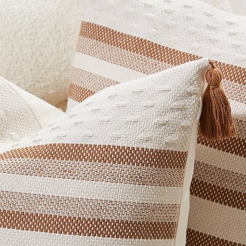 Boho Throw Pillow Covers with Tassels Woven Set of 2, 18x18 Inch Striped Textured Couch Throw Pillows for Couch Bed Sofa Bedroom Modern Funky (Light Brown, 18"x18"(Pack of 2)) - color: Light Brown
