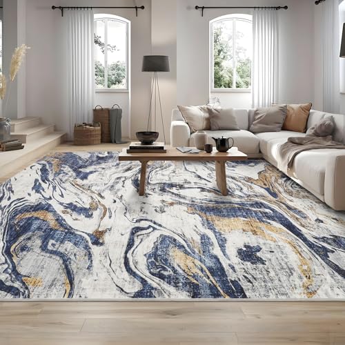 8x10 Abstract Oriental Style Area Rug, Elegant Vintage Thin Carpet, Delicate Decorative Design, Sophisticated and Beautiful for Living Room, Bedroom, Entryway, Office - Blue - color: Blue, size: 8' x 10' (Rectangular)