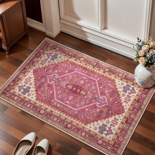 Ciicool Small Area Rug, 2x3ft Boho Rug, Ultra Soft Entry Rugs for Entryway, Non-Slip Washable Rugs Oriental Low-Pile Indoor Mat Floor Carpet for Entrance Bedroom Kitchen Bathroom Foyer Decor - color: Fuchsia, size: 2' X 3' (Rectangular)