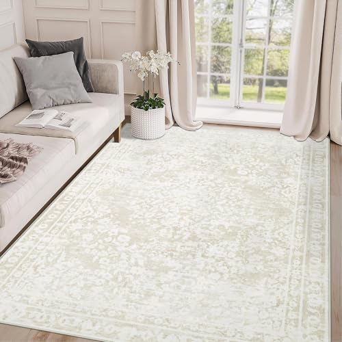 Area Rug 4x6 Entryway Rugs - Machine Washable Vintage Boho Area Rug Non-Slip Bedroom Rugs Soft Stain Resistant Living Room Carpet, Floral Distressed Rug for Dining Room Office(Cream Beige, 4'x6') - color: Cream Beige, size: 4' X 6' (Rectangular)