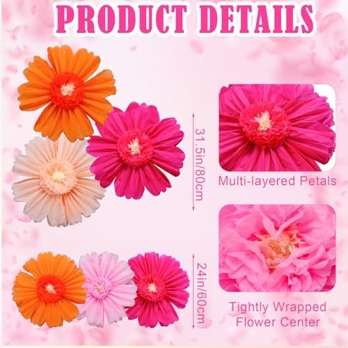 Giegxin 6 Pcs 31.5", 24" Orange Giant Paper Flower Rose Red Large Tissue Paper Flower for Wall Big Colorful Floral Decorations for Wall Wedding Bridal Shower Baby Shower Mexican Fiesta Crepe Birthday - color: Rose Red,Orange, size: 31.5", 24"