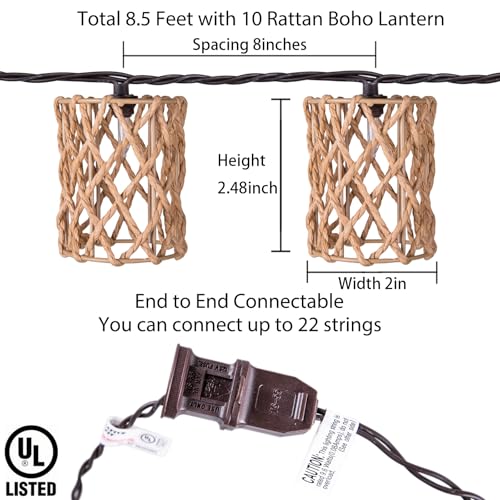 Decorative String Lights Plug in with 10 Incandescent Bulbs, Handwoven Rattan Cylinder-shaped Boho Lantern String Lights Connectable Weatherproof Outdoor Indoor for Bedroom Patio Pergola Decor (Beige) - color: Beige