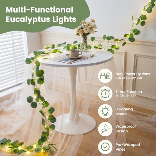 HEYFUNi 23FT Eucalyptus Garland with Fairy Lights, USB & Battery | 73 Leds, Timer & Memory & 8 Modes, Greenery Eucalyptus Leaf Vine Lights For Bedroom, Wall, Wedding, Party, Summer Dorm Decor - color: Eucalyptus, size: 73 LED-USB & Battery